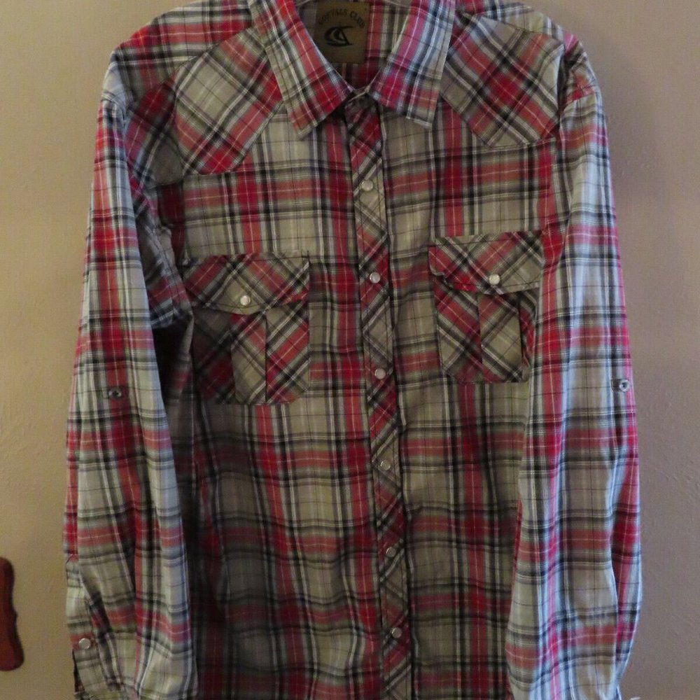 Coevals Club Long Sleeve Shirt; Snaps; Red/Gray Plaid; Size XL